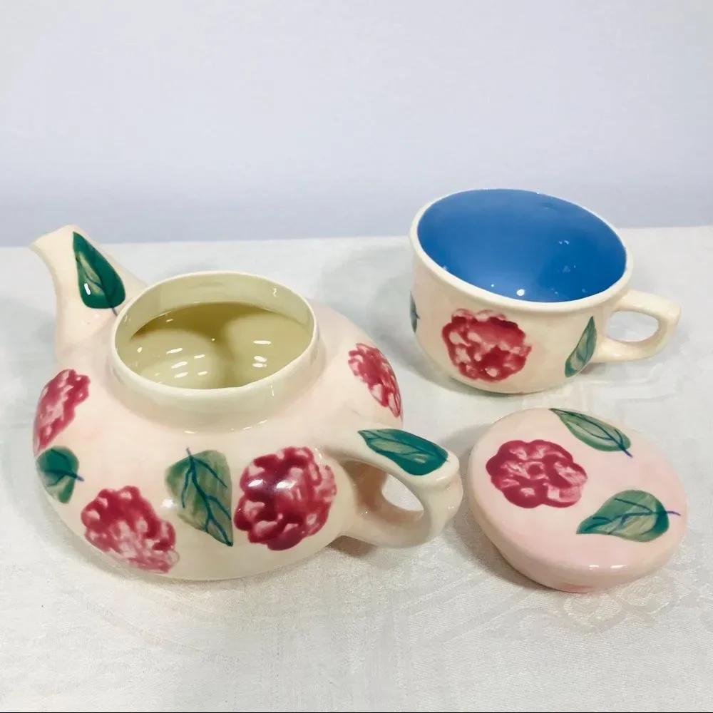 Ceramic Teapot Cup Set Floral Painted Personal Size Tea Party Set Tea Cup